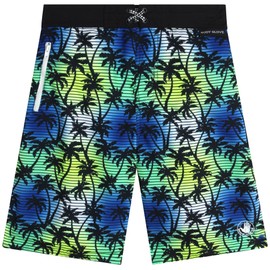 Body Glove Boys Swim Trunks - UPF 50+ Quick Dry Boys Swim Shorts Board Bathing Suit Kids Swimwear with Pocket (Sizes: 8-18), Size 10-12, Black Yellow Palm Trees