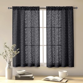 Chyhomenyc - Cortinas transparentes negras de 54 pulgadas de longitud para sala de estar, juego de 2 paneles, clip de jacquard con textura de hoja negra para recámara, cortinas de bolsillo para barra