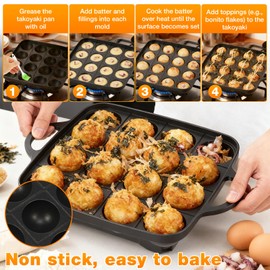 Fizocosisto 16-Hole Nonstick Takoyaki Pan - Lightweight Cast Aluminum Octopus Ball Maker with Oil Brush, Portable Pancake Ball Grill for Gas Stoves & Camping, Ideal for Aebleskiver & Dessert Meatballs