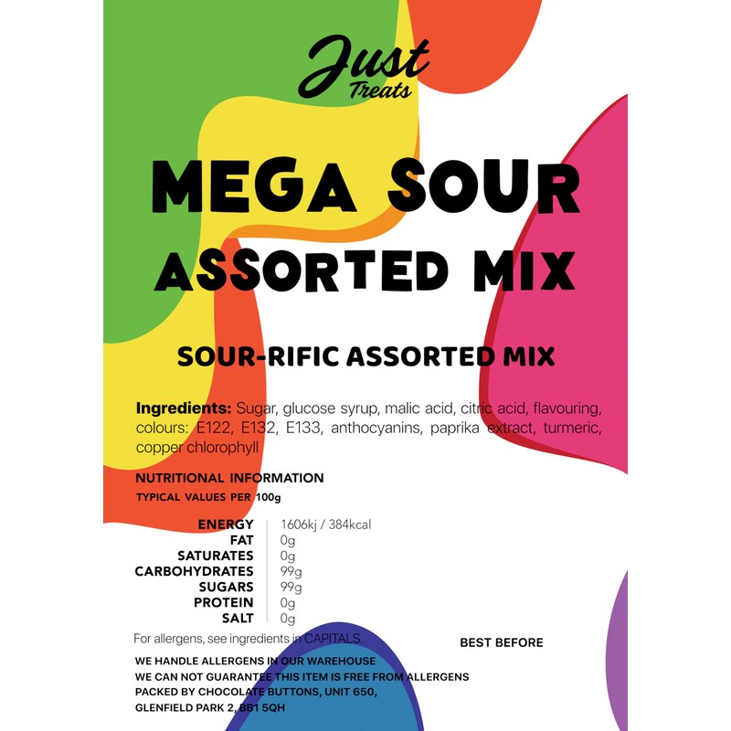 Just Treats Mega Sour Assorted Mix 500g Share Bag