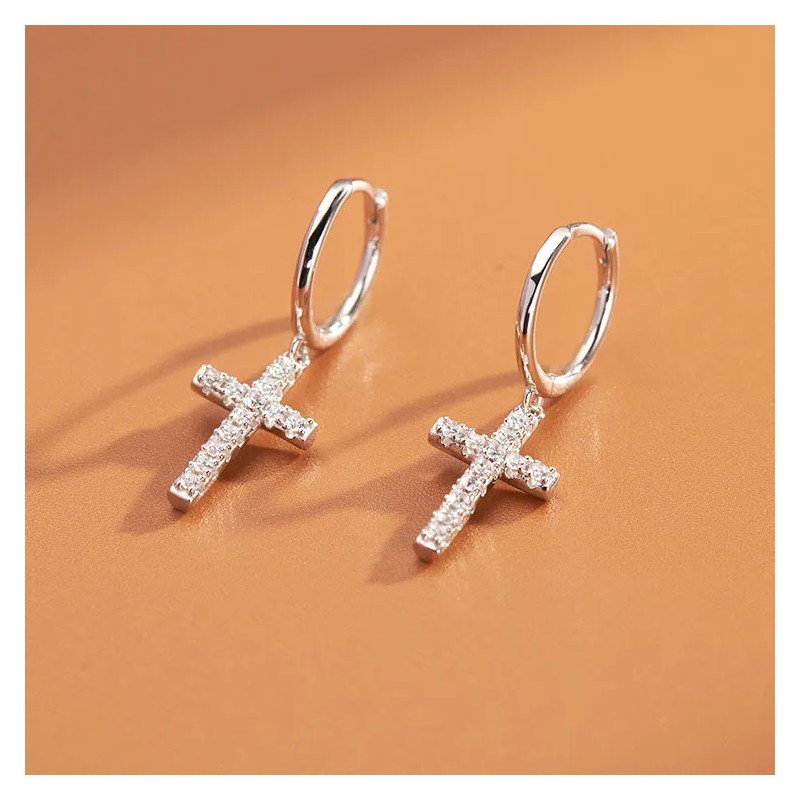 Aretes de plata cruz para mujer con caja de regalo