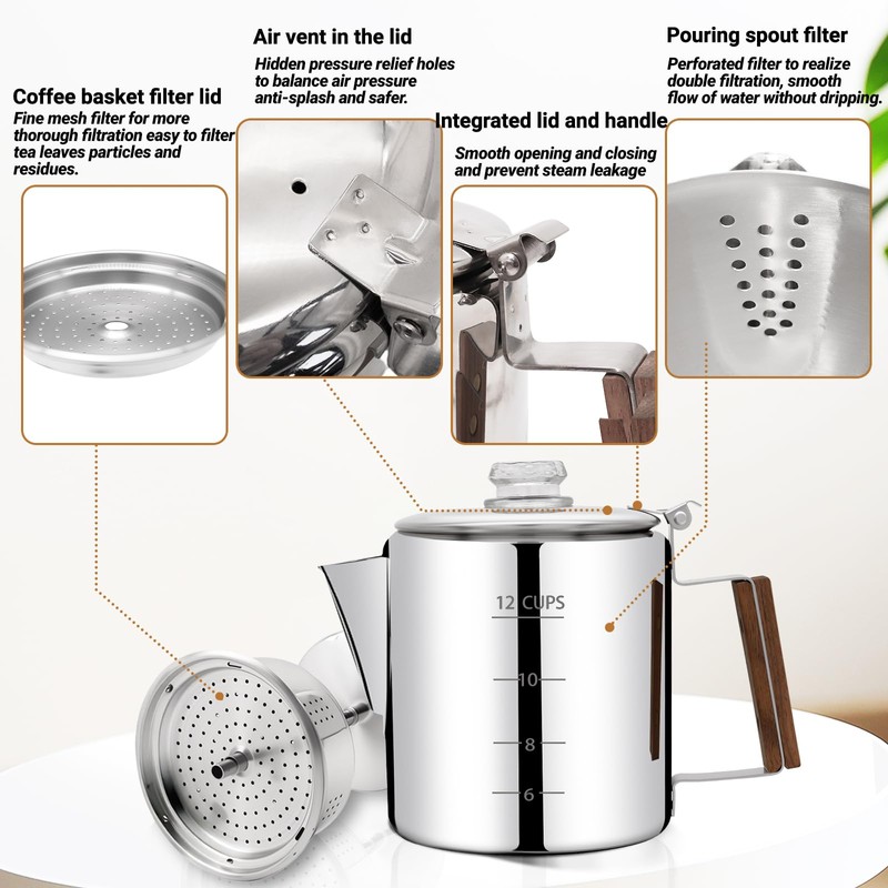 Vaolvpant No Coating 12 Cup Percolator Coffee Pot 304 Stainless