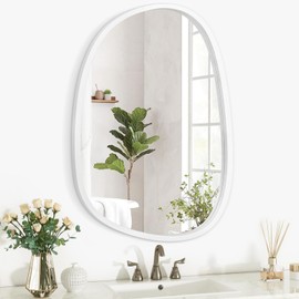 Wood Frame Hanging Wall Mirror Asymmetrical Irregular Oval Mirrors for Wall Unique Shape Decorative Artistic Mirror for Entryway Bedroom Living Room Bathroom White