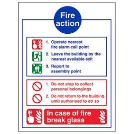 V Safety Fire Action Notice - In Case Of Fire Break Glass 150 x 200 mm - Glow In The Dark 1mm Rigid Plastic Safety Sign