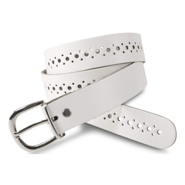 Scamoda women's belt made of genuine leather with hole pattern, silver belt buckle, made in Germany. - White