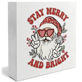 Absnfatu Funny Christmas Signs, Stay Merry and Bright Funny Disco Santa Wooden Box Sign, Santa Claus Decor, Funny Christmas Wood Signs for Home Office Desk Table Tabletop Shelf Decorations, 5x5 Inch