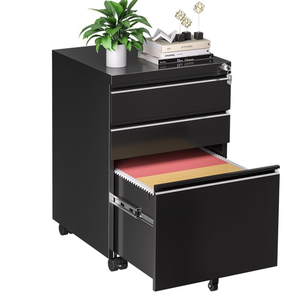 INTERGREAT 3 Drawer File Cabinet with Lock,Metal Office Filling Cabinet Black Drawers,Locking Mobile Cabinet with Wheels for Legal/Letter Size,Under Desk