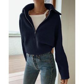 BTFBM Womens Sweaters Quarter Zip Pullover V Neck Collar Long Sleeve Ribbed Knit Loose Casual 2025 Winter Fall Sweater(Navy, Large)