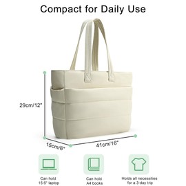 bagasin Women's Puffy Tote Bag, Lightweight Quilted Bag with Compartments, Shoulder Bag for Everyday and Travel - Black & Beige, beige