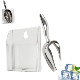Ice Cube Scoop with Holder (2-Piece Set) Stainless Steel Ice Scoop for Ice Machine n Freezer Food Scooper Accessory Compatible with Ice Maker