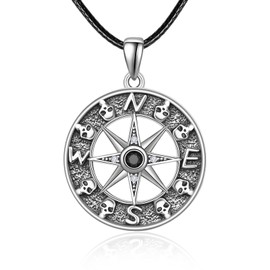 KINGWHYTE Compass Necklace Men's S925 Sterling Silver Compass Pendant Birthday Gifts Graduation Jewellery for Men Women, Sterling Silver