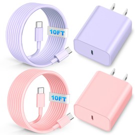 Riofxqin Phone Chager Fast Charging, 2Pack 10FT 60W USB C Charging Cable Cord 20W Type C Wall Charger Block, Compatible with i Phone 16/16 Plus/16 Pro/16 Pro Max/15/15 Pro Max/15 Plus - Pink Purple