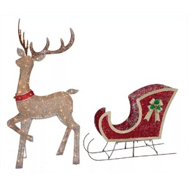 Light-Up Holiday Reindeer and Sleigh - Pre-Lit (60 Inches Tall & Wide) Christmas Decor (2022)