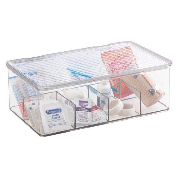 mDesign Plastic First Aid Kit Storage Box with Clear Top Lid for Bathroom, Kitchen, Cabinet, Closet, Drawer - Organizes Medicine, Ointments, Adhesive Bandages, Dental, 8 Divided Sections - Clear