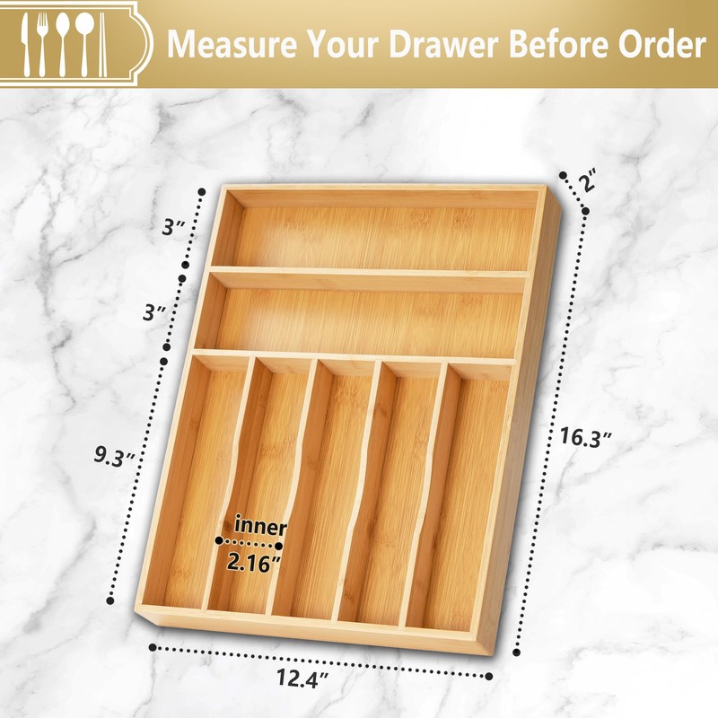 Silverware Organizer, 12.5 Inch Utensil Organizer Kitchen Drawer Organizer Bamboo