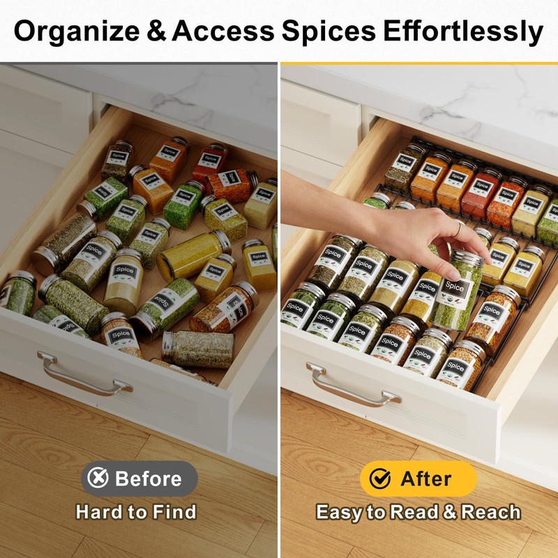 iSPECLE 4 Pack Spice Drawer Organizer - Low Profile Rack
