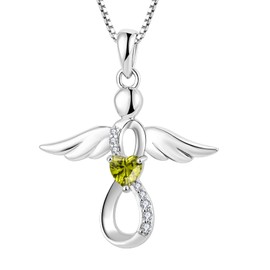 FJ Angel Necklace, Guardian Angel Pendant Necklace, 925 Sterling Silver, Heart Birthstone, Zirconia, Jewellery Gifts for Women/Girls