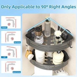 Zynuhmo Corner Shower Caddy Suction Cup, Space-Saving Shower Organizer Removable Storage Rack With Large Capacity, No Drilling Suction Shelves for Bathroom Storage & Home Decor(2 Tier Triangle-Gray)