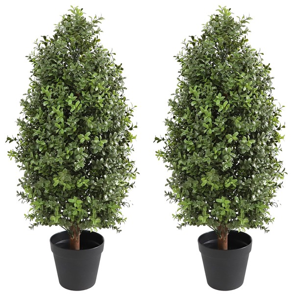 30" Tall Artificial Boxwood Topiary Pair, 2 Plants, Outdoor Ready Artificial Boxwood Topiaries Trees, Natural Looking Fake Potted Shrubs