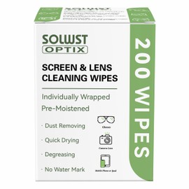 SOLWST Optix Lens Cleaning Wipes - 200 Pre-Moistened, Individually Wrapped Wipes for Eyeglasses, Camera Lenses, Tablets, Phones, Computer Screens, and Other Surfaces
