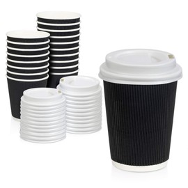 [50 Pack] Disposable Hot Cups with Lids - 12 oz Black Double Wall Insulated Ripple Sleeves Coffee Cups with White Dome Lid - Kraft Paper Cup for To Go Chocolate, Tea, and Cocoa Drinks