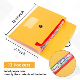 13 Pocket Expanding File Folder Accordian File Organizer, A4 Letter Size Paper Document Receipt Holder for School Office Supplies, Yellow