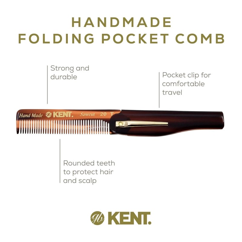 Kent 20T Handmade Folding Pocket Comb for Men, Fine Tooth