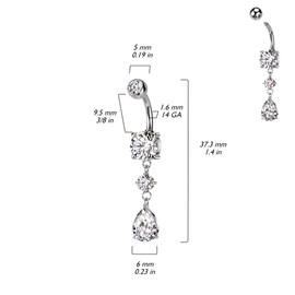 Pierced Owl 14GA 316L Stainless Steel CZ Crystal Tear Drop Dangling Belly Button Ring (Silver Tone)