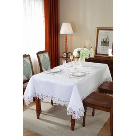 Emzee Modern White Tablecloth with Embroidered Lace - Elegant Design, Washable, 2 Sizes (60x78 & 68x132) - Perfect for Formal Events, Holiday Gatherings & Everyday Dining (68X132)