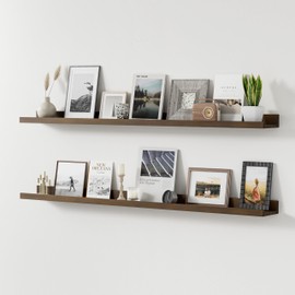 Acovy Long Floating Shelves for Wall, 48 inch Solid Wood Picture Ledge Shelf, Picture Shelf for Wall with Ledge, Floating Book Shelves for Living Room Bedroom Kitchen Nursery Decor, Walnut, Set of 2
