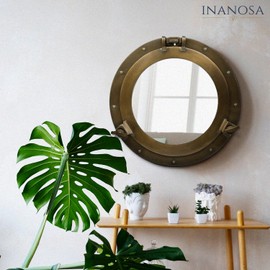 inanosa Porthole Mirror - 12 Inch Brass Finish | Nautical Wall Décor for Bathroom and Bedroom | Antique Wall Mounted Aluminium and Steel Alloy Vintage Port Hole Window Décor