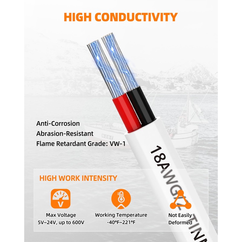 CONEPY 18 Gauge Marine Wire, 18/2 Duplex Marine Grade Cable,