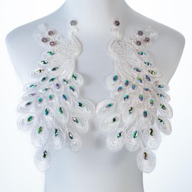 Silvora Pair Embroidered Beaded Pearl Peacock Fabric Colorful Rhinestones Applique, Handmade Sewing Tool for Wedding Dress Gown Bodice Costume Clothing Craft DIY (White)
