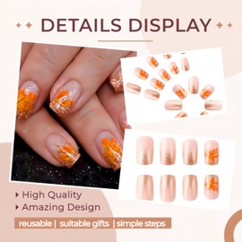24Pcs Thanksgiving Press on Nails Short Square Fake Nails Orange Glitter French Tips False Nails Glossy Sparkly Autumn French Acrylic Nails Artificial Nail Full Cover Glue on Nail for Women Manicure