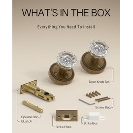 Asidrama 1 Pack Privacy Antique Brass Crystal Door Knob with Lock, Antique Brass Glass Door Knobs Interior for Bedroom or Bathroom, Heavy Duty Door Handle for Left Right Sided Doors