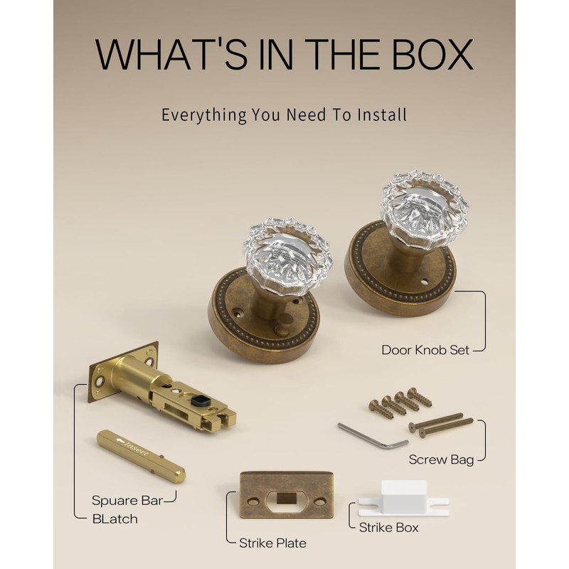 Asidrama 1 Pack Privacy Antique Brass Crystal Door Knob with