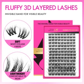 VEYESBEAUTY Lash Clusters Fluffy Individual Lash Extensions VBmuse 3D Layered Volume Eyelashes Thin & Invisible Band Wispy Faux Mink Lash Newbie's Five-Second Mixed Length 10-18mm