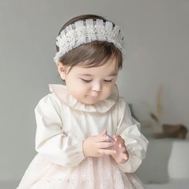 ICKEYOU Baby Girl Lace Headbands with BowKnot Flowers Christening Baptism Headband Elastic Floral Hairbands Soft Lace Hair Accessory Newborn Infant Toddler for Birthday Party (Pearl Wide, One Size)