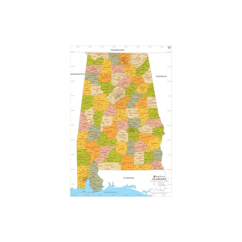Alabama ZIP Code Map with Counties - Standard - 53.50