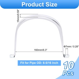 uxcell 10 Pcs 6-5/16 Inch Rigid Pipe Strap, 2 Holes U Bracket Cable Clamp Hanger Conduit Clamps Tension Tube Clips for Fixing Pipe Cable, Silver
