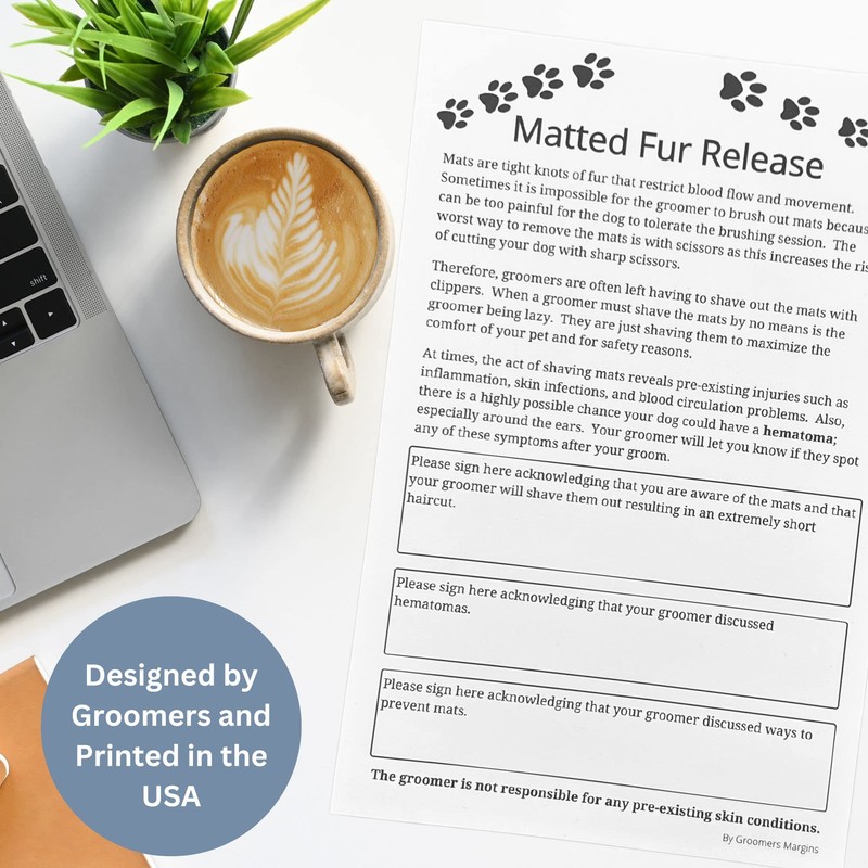 Matted Fur Release Forms for Dog Grooming Salons (Pad of