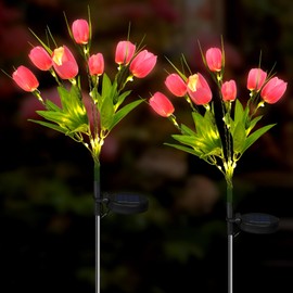 Aolyty Solar Garden Lights Outdoor, Solar Tulip Lights 2 Pack with 14 Tulip Flowers, IP65 Waterproof LED Stake Light for Pathway Patio Yard Landscape Decorative (Pink)