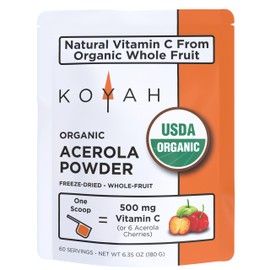 KOYAH - Organic Acerola Powder: Freeze-Dried, 100% Pure, 500 mg Natural Vitamin C per Scoop, Whole-Food, Non-GMO, Vegan, 60 Servings, Made from acerola Cherries Grown in Brazil