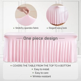 1 Pack Pink Table Clothes for 4 Foot Rectangle Tables, One-Piece Wrinkle Resistant Stretch Spandex Table Covers with Skirt for Event Banquet Wedding Birthday Party