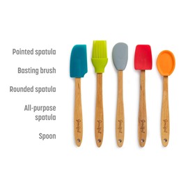 Goodful Silicone and Beechwood Mini Kitchen Utensil Set, Great for Cooking, Baking or Reaching Into Small Jars, Easy to Clean, Safe for Non-Stick Cookware, 3 Spatulas, Spoon, Basting Brush, Multicolor