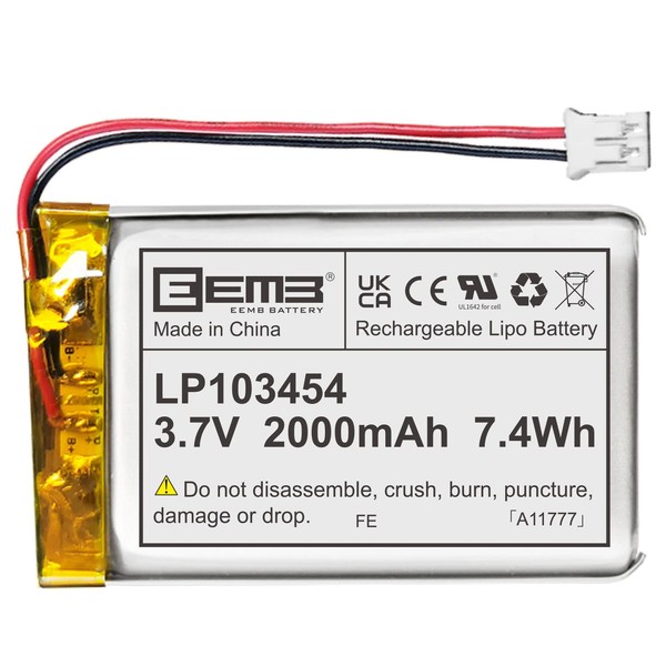 EEMB Lithium Polymer Battery 3.7V 2000mAh 103454 Lipo Rechargeable Battery Pack with Wire JST Connector for Speaker and Wireless Device- Confirm Device & Connector Polarity Before Purchase
