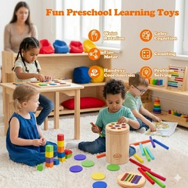 Rakibo Montessori Color Sorting Toy for Toddlers Ages 1-5 – Wooden Fine Motor Skills Toy with Pegs, Sticks, Lids & Discs – Sensory Educational Activity – Gift-Ready in Box Learning Toy