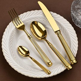 Gold Silverware Set for 4 Morden Flatware Set 16 Pieces 18/10 Stainless Steel Unique Roman Column Handle Cutlery Utensil Sets for Home Restaurant Dishwasher Safe Tableware Set