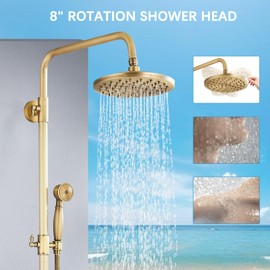 MOSSON Antique Brass Shower System Bathroom Shower Faucet Set with 8 Inch Rainfall Shower Head Handheld Spray 2 Cross Handles Wall Mounted Outdoor Shower Fixtures Solid Brass
