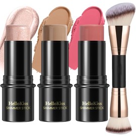 Kit de maquillaje en barra de contorno en crema de 3 piezas, tonos con iluminador, rubor y bronceador para esculpir las mejillas, impermeable, acabado